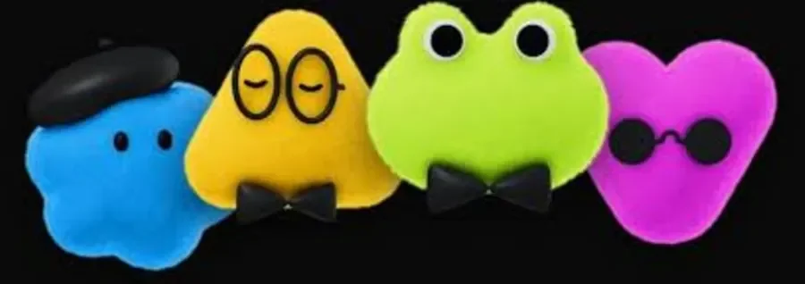 Los cuatro personajes de Dots de OpenAI: una nube azul con boina, un triángulo amarillo con lentes, una rana verde con moño y un corazón rosa con lentes oscuros